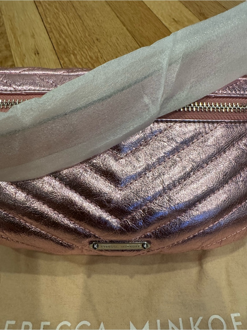 Rebecca Minkoff Metallic Rose Pink Quilted Crossbody Belt Bag NWT - Picture 6 of 16